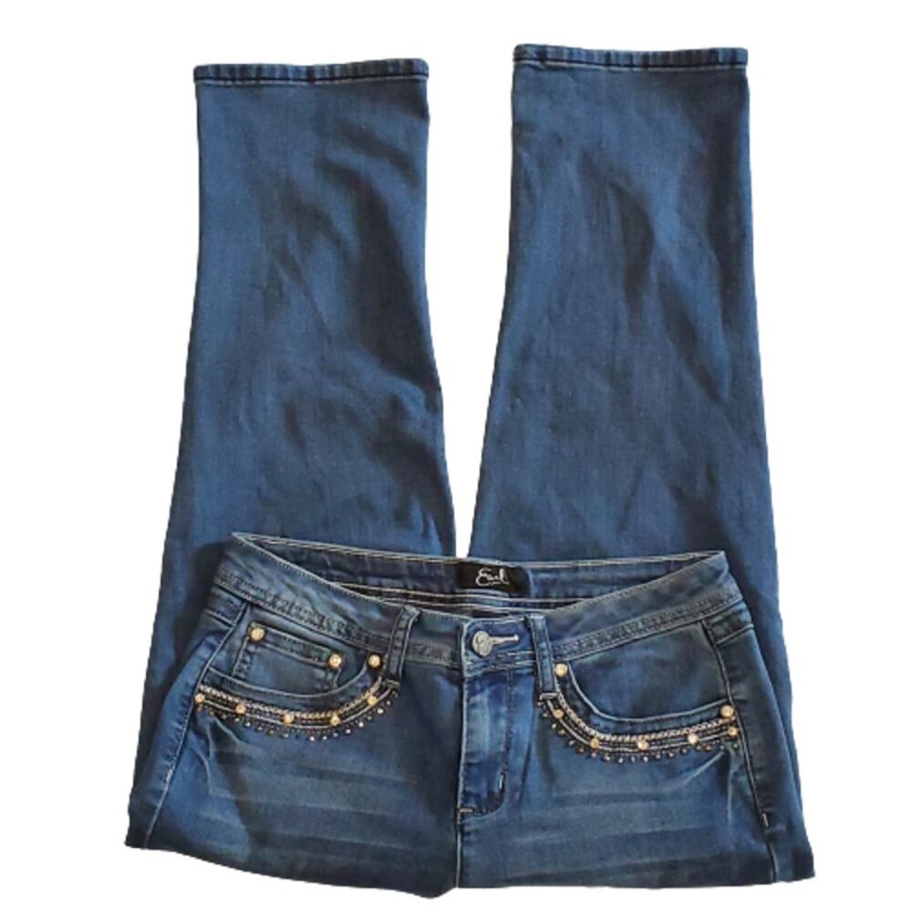 Earl Jeans Crop Denim Jeans Pants Studded Lace Rhinestone Medium Wash Size 6